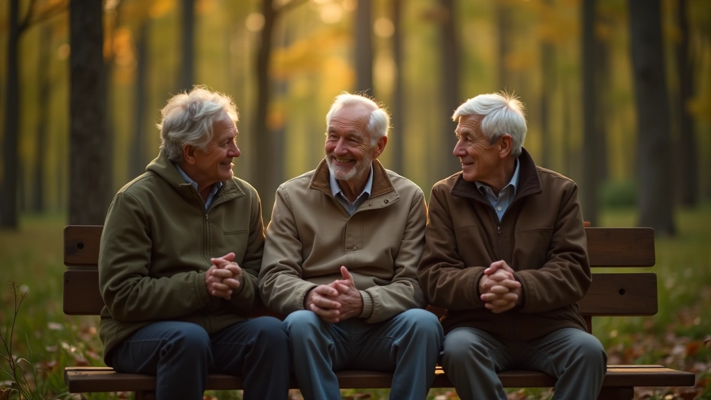 Trīs seniori sēž uz mediem parka paglabā, pamazināti sarunājoties, mierīga mežonīga ainas, rīta gaisma