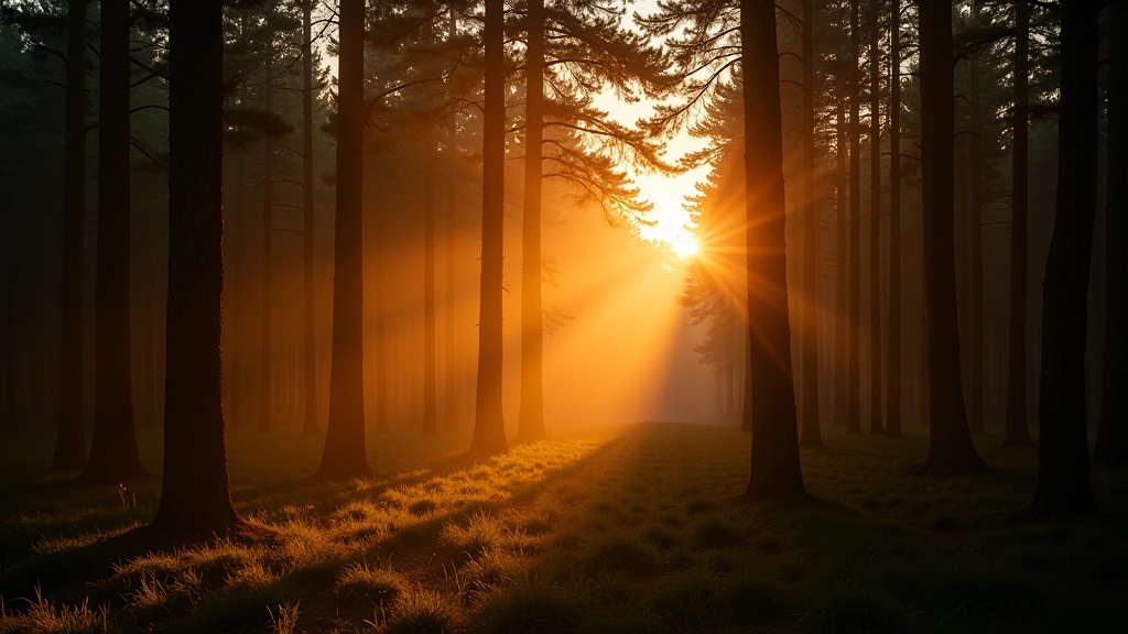 Saulriets meža vidū, oranžā gaisma caur kokiem, mierīga atmosfēra